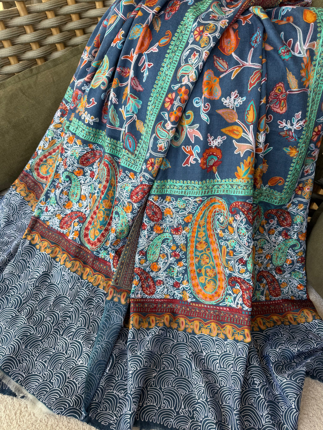 Cashmere embroidered, blue/green colors